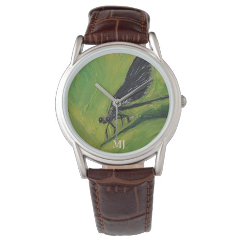 Surprised Damsel Fly Dragon Fly Art Green Black Watch