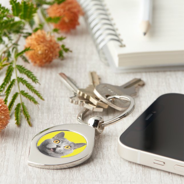 Surprised Funny Crazy Cat Yellow Keychain (Side)