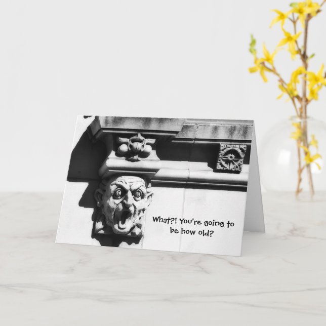Surprised Gargoyle Funny Cute Old-Timer Birthday Card (Yellow Flower)