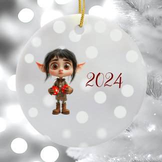 Surprised Girl Christmas Elf Ceramic Ornament