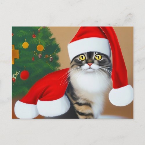 Surprised Grey Cat Next to Christmas Tree Holiday Postcard