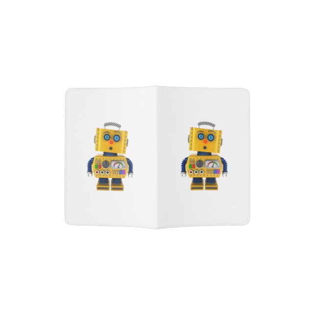 Surprised looking toy robot passport holder (Opened)
