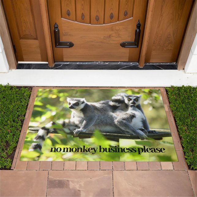 Surprised Madagascar Lemurs Monkeying Around Doormat (Outdoor)
