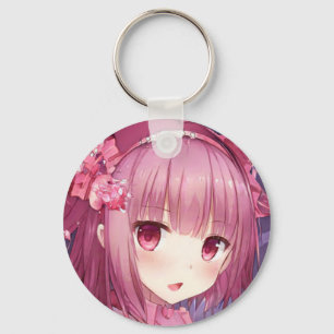 Surprised magenta pink hair eyes anime girl roses  keychain