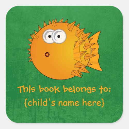 Surprised Orange Puffer fish _ Book Belongs To Square Sticker