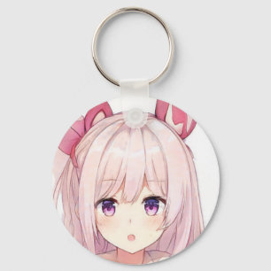 Surprised pink hair anime girl purple eyes bunny  keychain