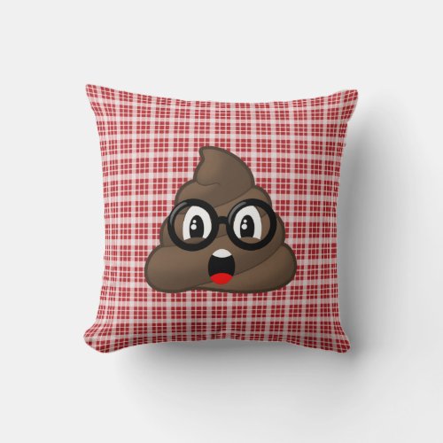 Surprised Poop Emoji glasses Red Plaid Pillow