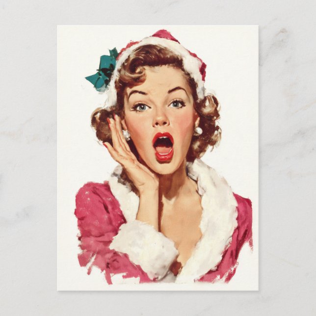 Surprised Retro Christmas Pin-Up Postcard (Front)