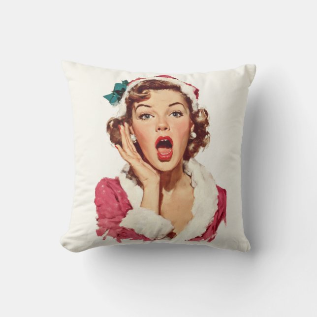 Surprised Retro Christmas Pin-Up Throw Pillow (Front)