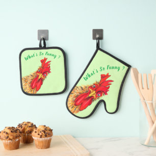 Surprised Rooster Funny Oven Mitt & Pot Holder Set