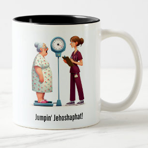 Surprised Senior vs. Evil Scale Two-Tone Coffee Mug