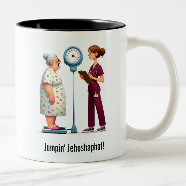Surprised Senior vs. Evil Scale Two-Tone Coffee Mug (Creator Uploaded)