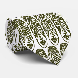 Surprised Tiki Masks - Dp Olive on White Neck Tie