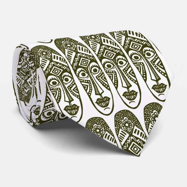 Surprised Tiki Masks - Dp Olive on White Neck Tie (Rolled)