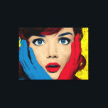 Surprised Woman in Pop Art Canvas Print<br><div class="desc">A woman with red hair and vibrant blue eyes covers her face with gloved hands. The background is bright with pop art influences.</div>