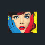 Surprised Woman in Pop Art Canvas Print<br><div class="desc">A woman with red hair and vibrant blue eyes covers her face with gloved hands. The background is bright with pop art influences.</div>