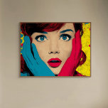 Surprised Woman in Pop Art Canvas Print<br><div class="desc">A woman with red hair and vibrant blue eyes covers her face with gloved hands. The background is bright with pop art influences.</div>