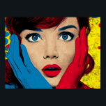 Surprised Woman in Pop Art Poster<br><div class="desc">A woman with red hair and vibrant blue eyes covers her face with gloved hands. The background is bright with pop art influences.</div>
