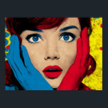 Surprised Woman in Pop Art Poster<br><div class="desc">A woman with red hair and vibrant blue eyes covers her face with gloved hands. The background is bright with pop art influences.</div>
