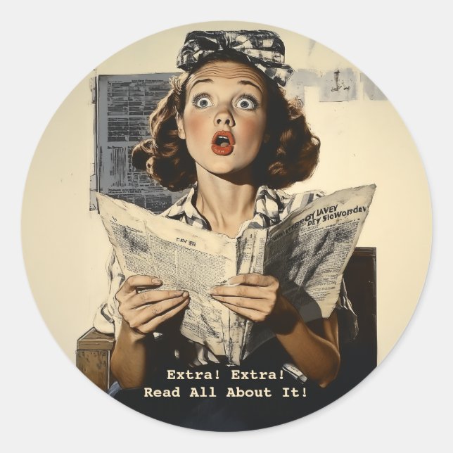 Surprised Woman Reading Newspaper Classic Round Sticker (Front)