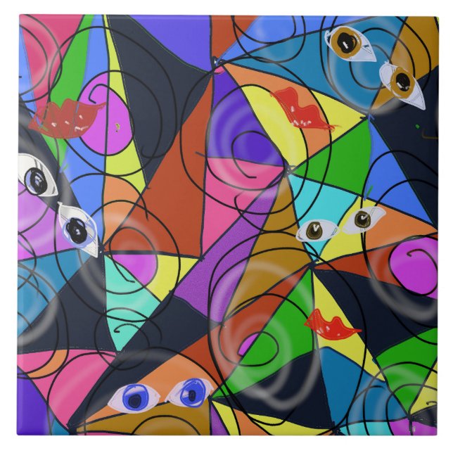 Surreal Abstract Geometric Patterns with Eyes  Ceramic Tile (Front)