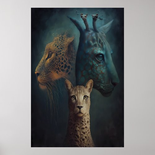 Surreal Abstract Giraffe Lion Cheetah Dark Poster