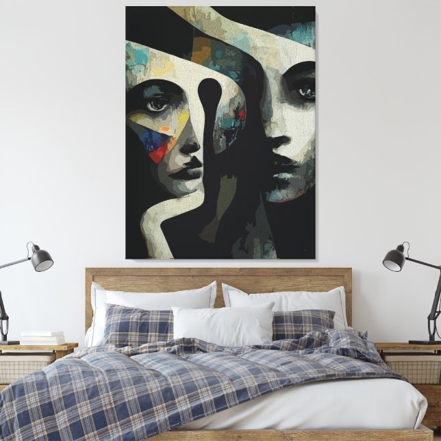 Surreal Abstract Intertwined Faces Canvas Print (Insitu(Bedroom))