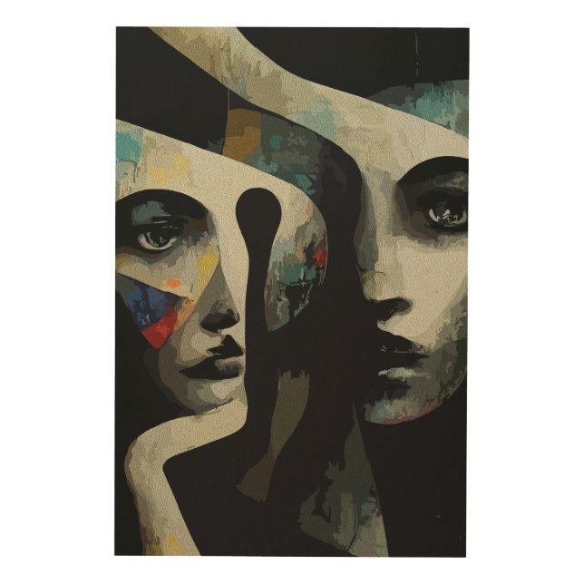 Surreal Abstract Intertwined Faces Wood Wall Art (Front)