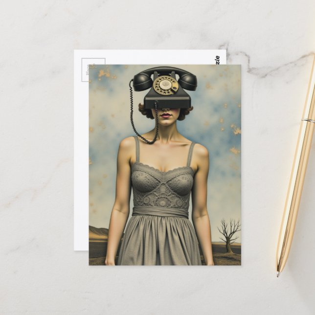 Surreal Abstract Person with Retro Telephone Head Postcard (Front/Back In Situ)