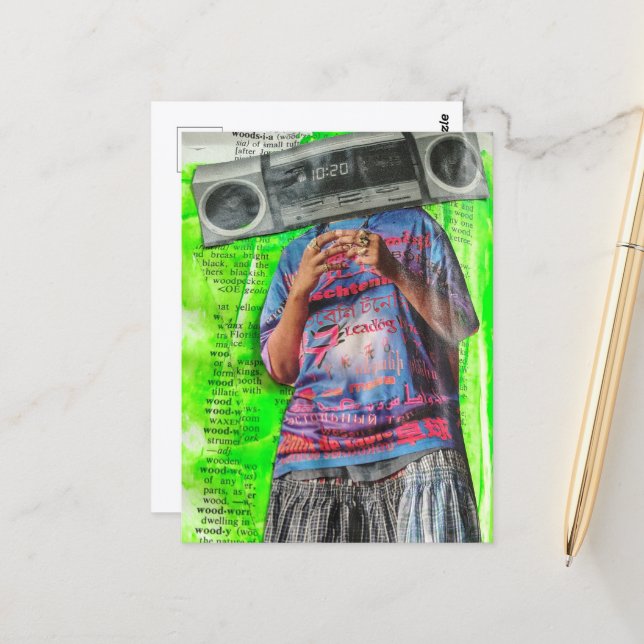 Surreal Alarm Clock Boombox Head Woman Postcard (Front/Back In Situ)