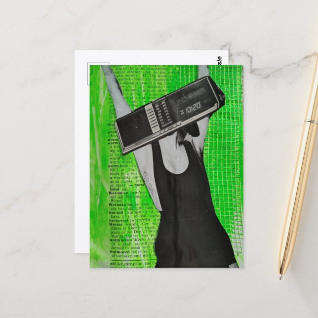 Surreal Alarm Clock Head Woman Postcard (Front/Back In Situ)