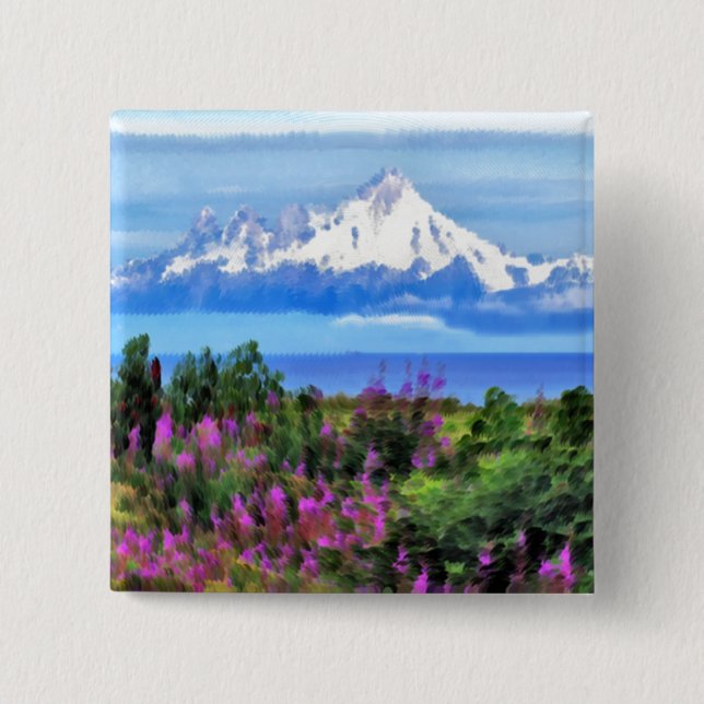 Surreal Alaskan Wilderness painting Button (Front)