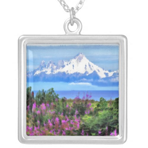 Surreal Alaskan Wilderness painting Silver Plated Necklace