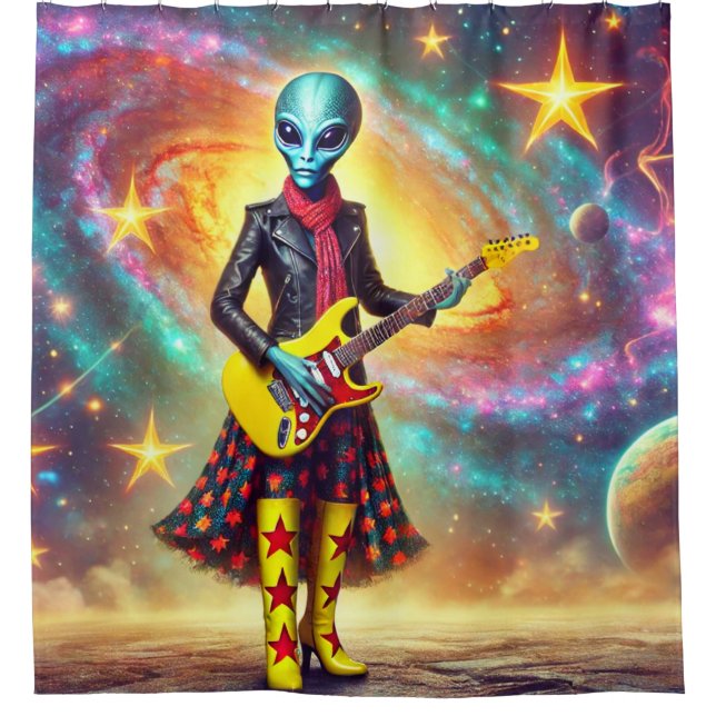 Surreal Alien Guitar Scene Shower Curtain (Front)