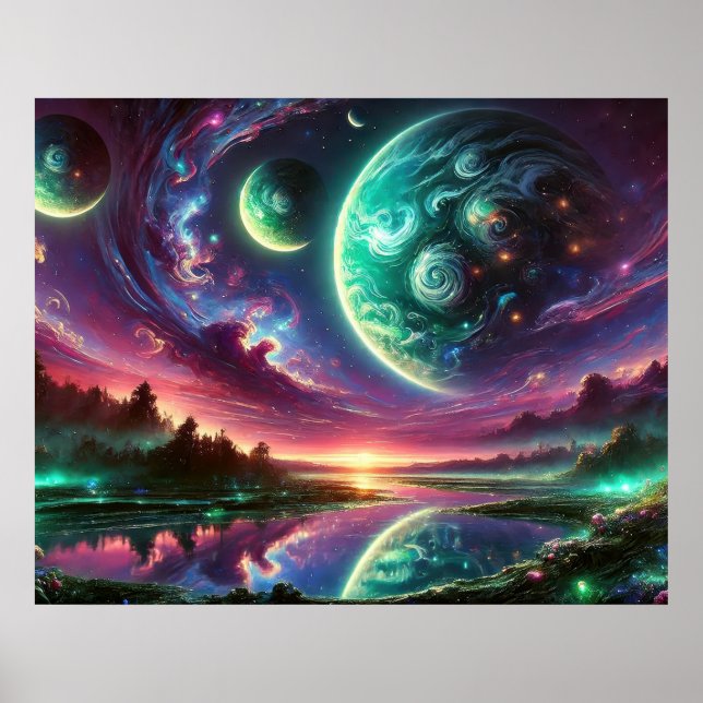 Surreal Alien Planet Landscape with Cosmic Skies Poster (Front)