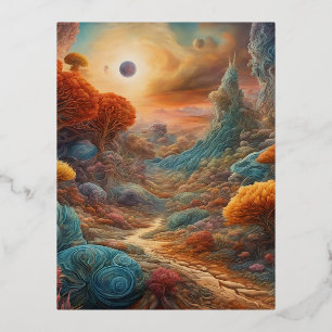Surreal and absurd landscape with strange things,  foil holiday postcard