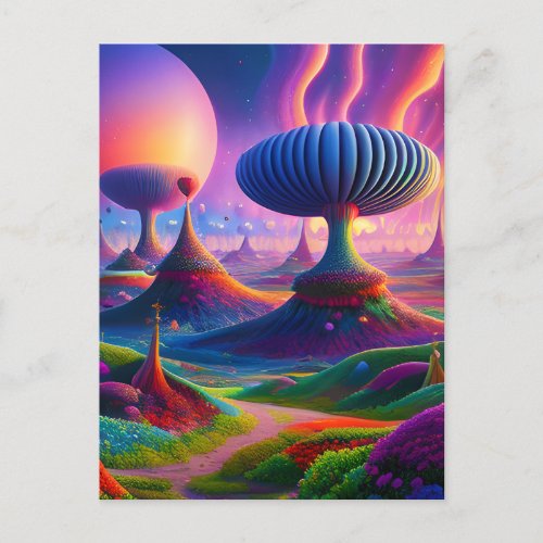 Surreal and absurd landscape with strange things  postcard