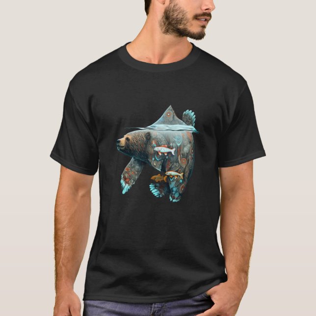 Surreal and Creative Aboriginal Bear and Salmon He T-Shirt (Front)