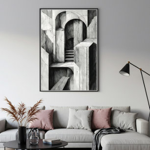Surreal Architectural Stairs and Arches Monochrome Poster