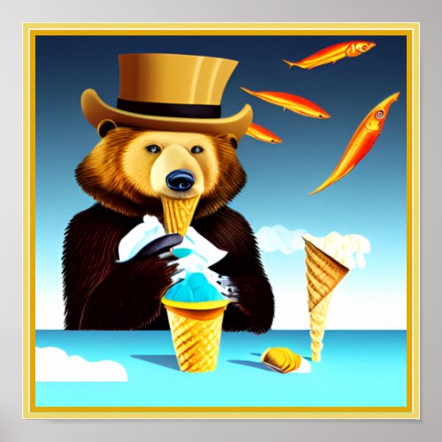 Surreal Art Bear Wearing Top Hat Eating Ice Cream Poster