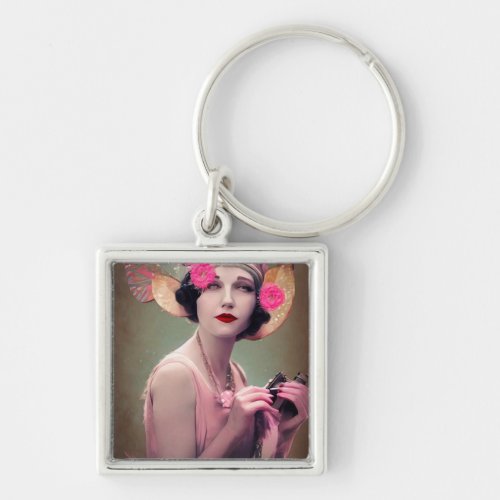 Surreal Art Deco Butterfly Hat Lady Keychain