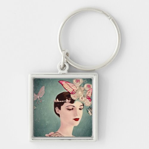 Surreal Art Deco Girl  Butterflies Keychain