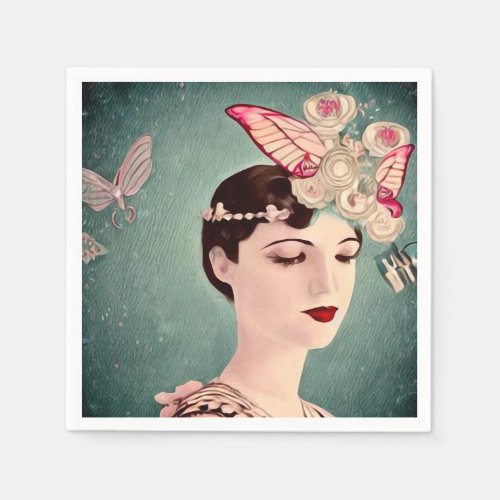 Surreal Art Deco Girl  Butterflies Napkins