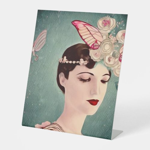 Surreal Art Deco Girl  Butterflies Pedestal Sign