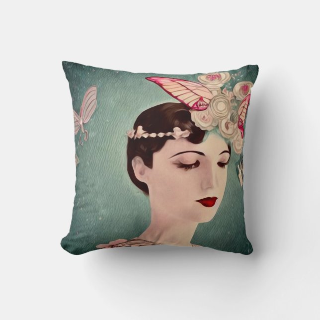 Surreal Art Deco Girl & Butterflies Throw Pillow (Front)