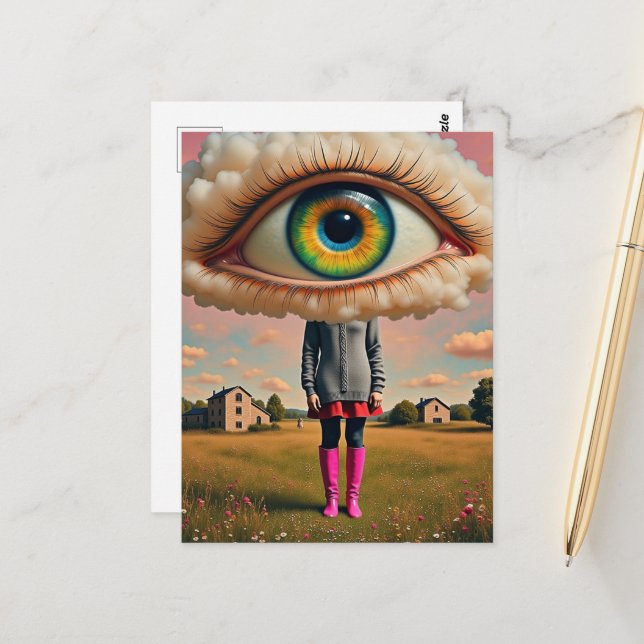 surreal art head in the clouds eyeball postcard (Front/Back In Situ)