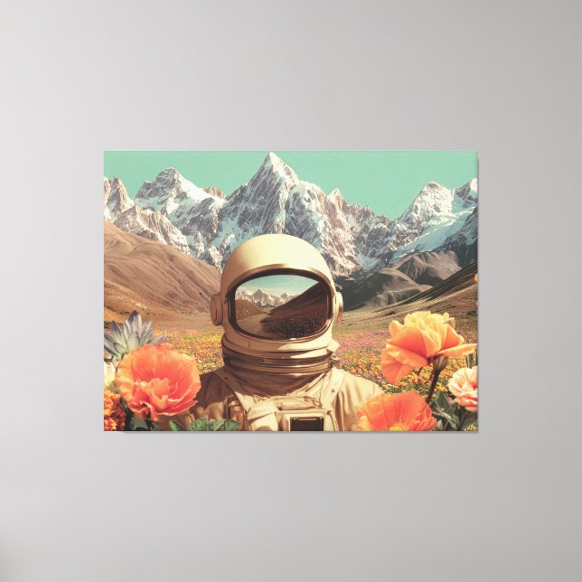Surreal Astronaut In Flower Field Canvas Print (Front)