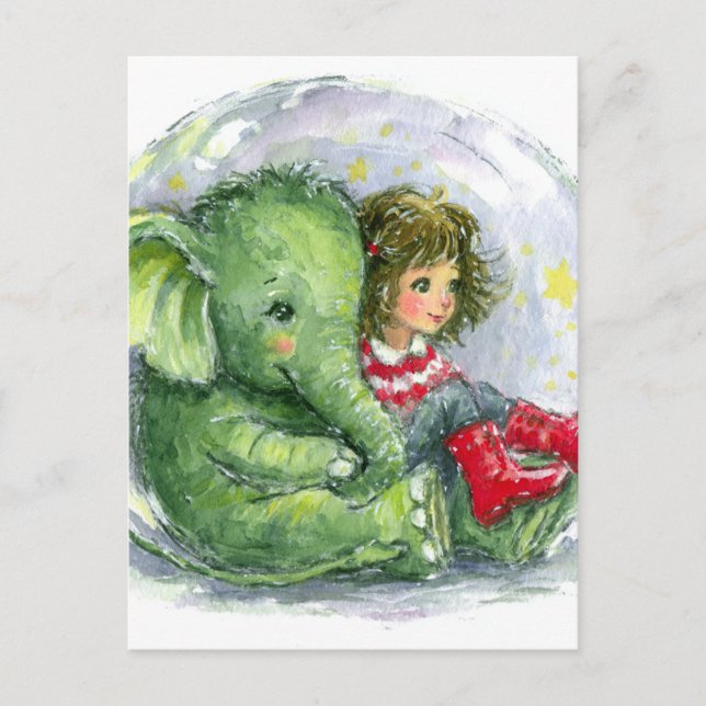 Surreal Baby Green Elephant and Girl in Red Boots Postcard (Front)