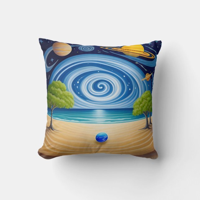 Surreal Beach Scene with Planets, Swirling Sky Throw Pillow (Front)