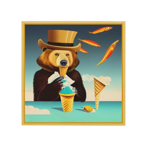 Surreal Bear In Top Hat Eating Ice Cream And Fish Wood Wall Art